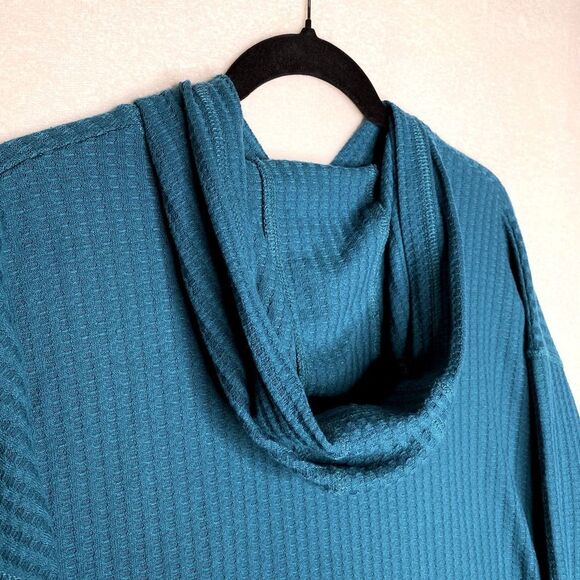 Chaser Waffle Knit Thermal Long Sleeve Hoodie Blue Medium Drop Shoulder Sweater - Picture 7 of 8